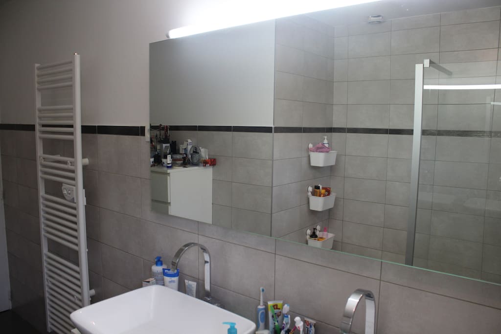 Salle de bains spacieuse avec douche a l'italienne et double vasque