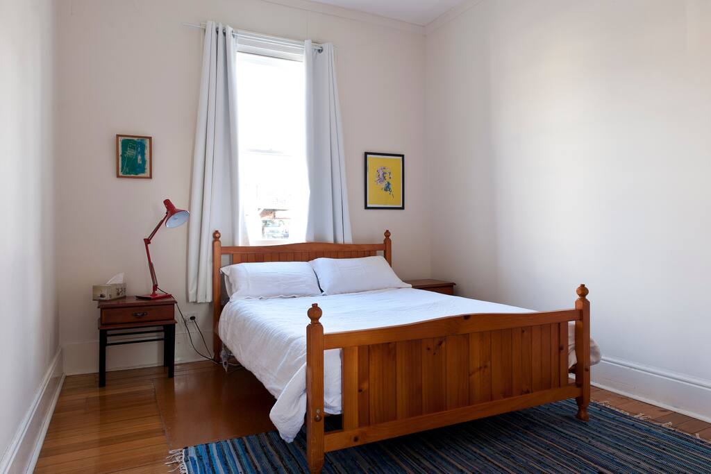 Comfy Queen bed, light and airy bedroom.