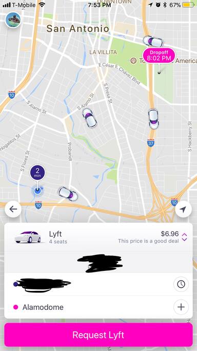 Screenshot of Lyft estimate from house to Alamodome/Convention Center