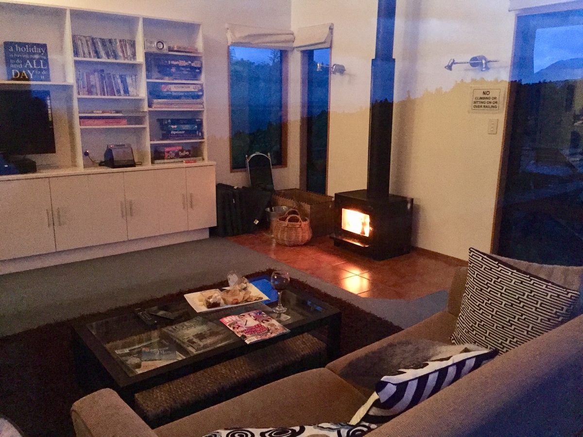 A cozy living area features a brown sofa accented with patterned cushions, facing a glass coffee table. A wood stove stands in the corner, with warm flames visible. A shelf filled with books and a television provide additional amenities, while large windows frame views of the outdoors.