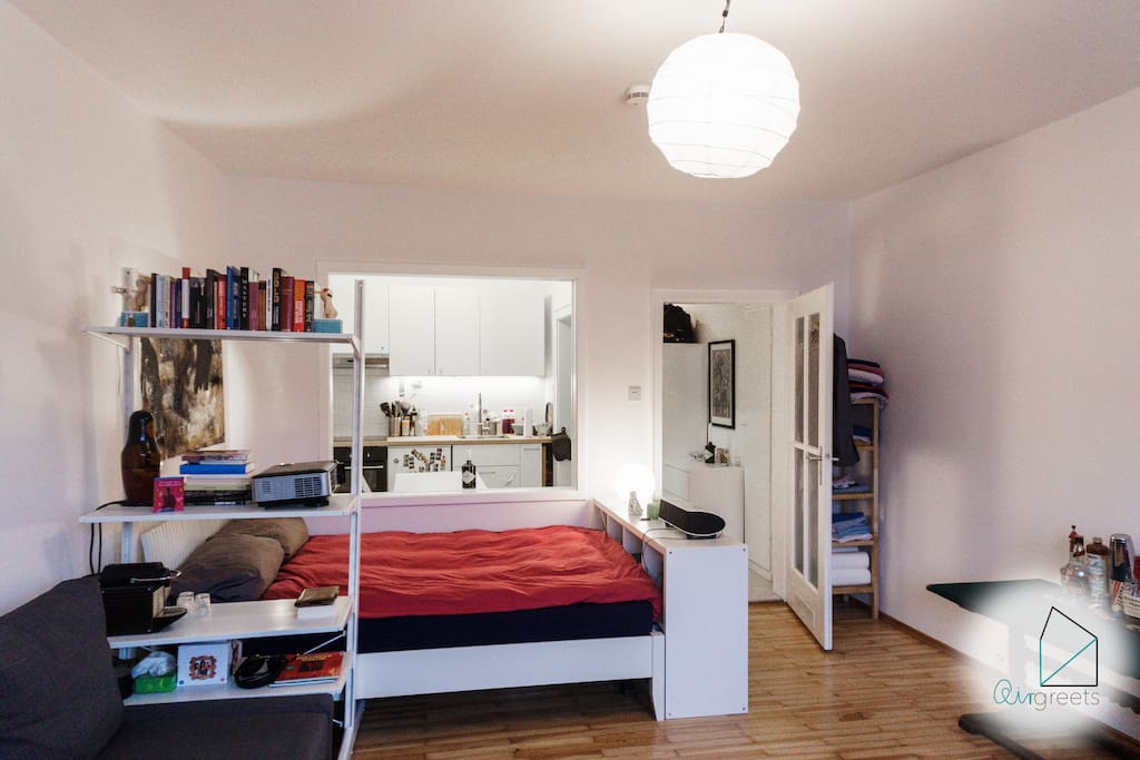 There is a cozy double bed to relax.