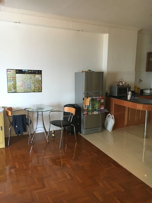 fridge and dining table