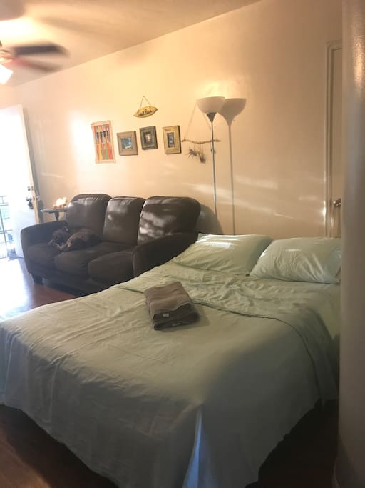 A queen size blow up mattress with a deluxe mattress pad makes for a comfortable sleep after a long day at the beach- just two blocks away!