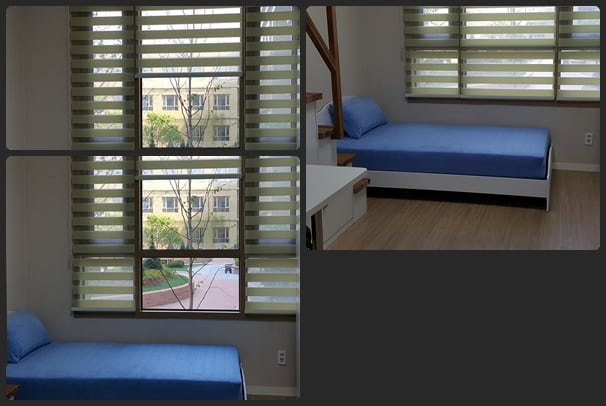 A bright and airy bedroom features two single beds dressed in blue bedding. Large windows with modern blinds allow natural light to fill the space, providing a view of the surrounding greenery outside. A minimalist desk can be observed beside the beds.