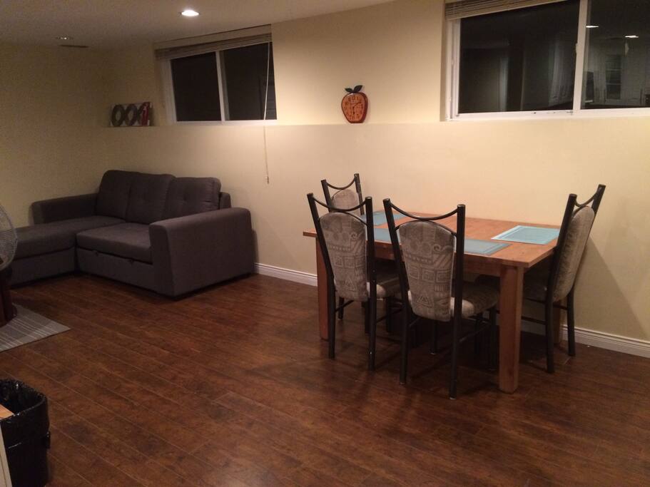 Brand new pull out couch turns into a double bed on main floor.