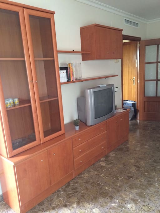 Salón comedor con mesa para 6 personas, sofá y TV. Control de aire acondicionado y calefacción en el salón. Exterior, con vistas al parque y salida al balcón.