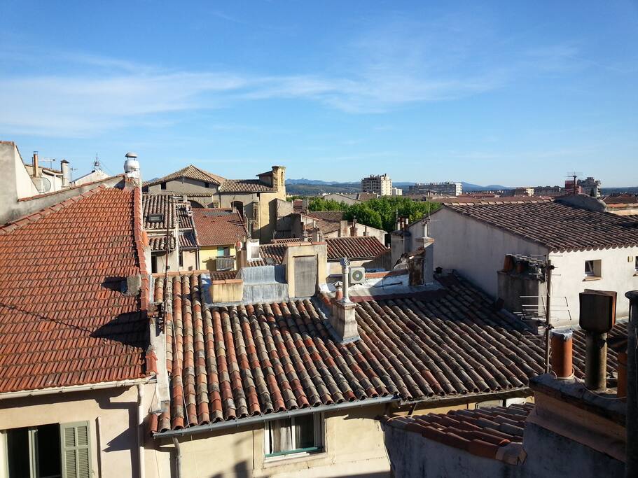 La vue des deux fenêtres donne sur les toits.