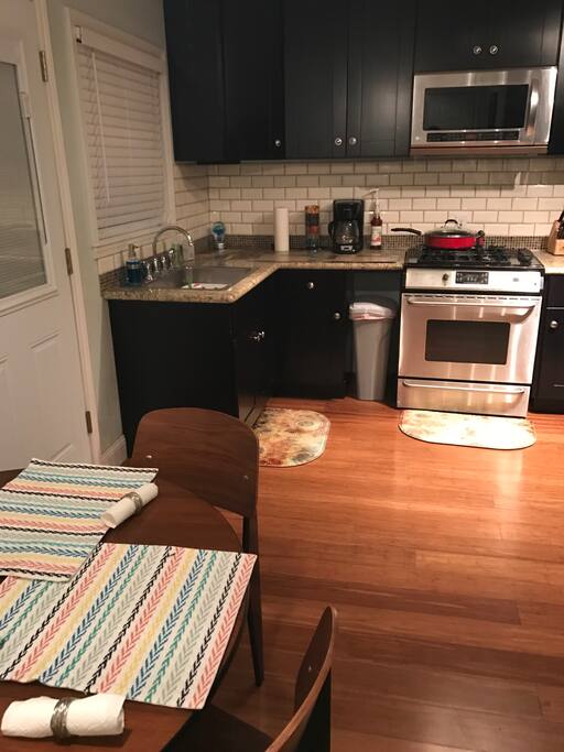 There is a gas stove and convection oven.