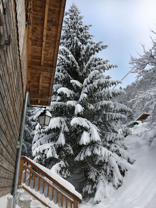 Stairs up to chalet entrance - set back in own grounds away from road - up above.