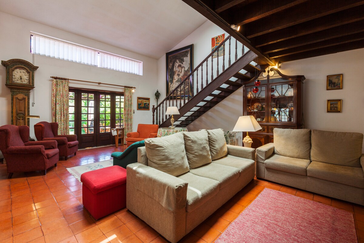 A spacious living area is presented with comfortable seating options, including a large couch and armchairs. A staircase leads to the upper level, while light filters through the large windows, illuminating various decorations and furniture pieces that enhance the cozy ambiance.