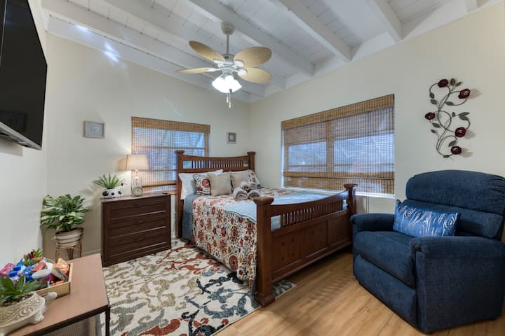 חדר שינה ראשי עם מיטת קווין סייז ו - LED 4K UHD Smart Android TV בגודל 55אינץ '