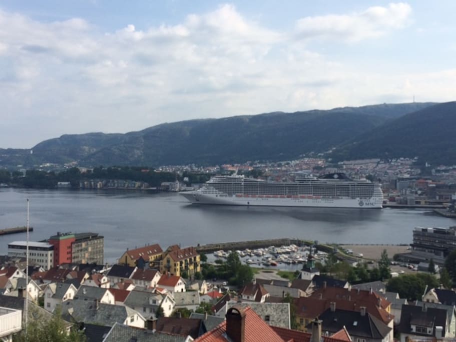 Cruise ships entering Bergen harbour in front of our window