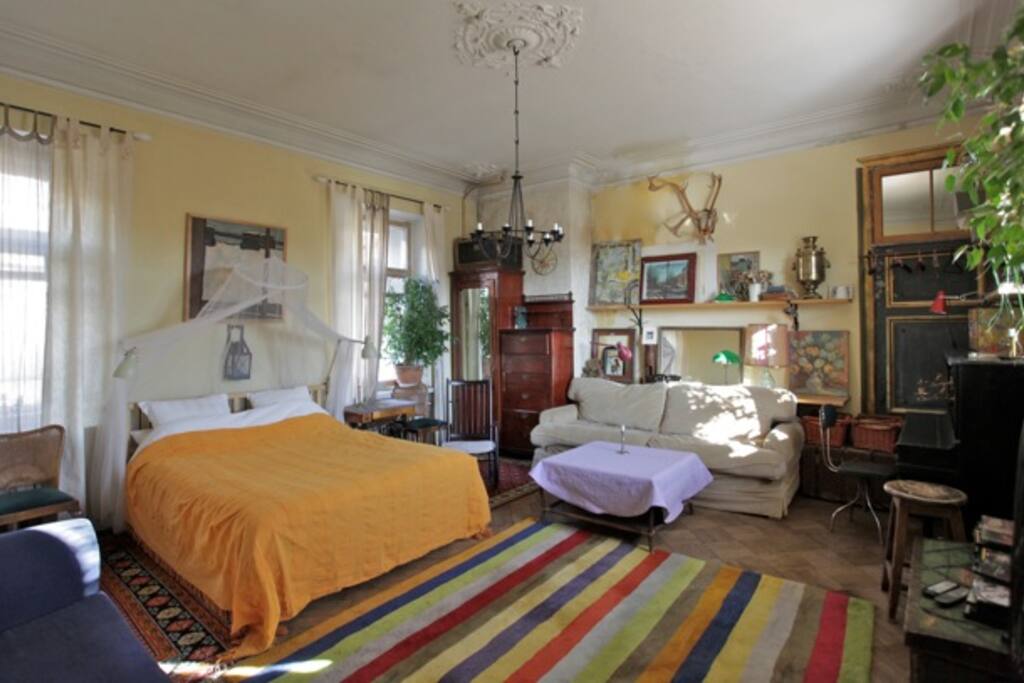 Large bedroom( 30 sq.meters) with panoramic big windows and 2 extra beds