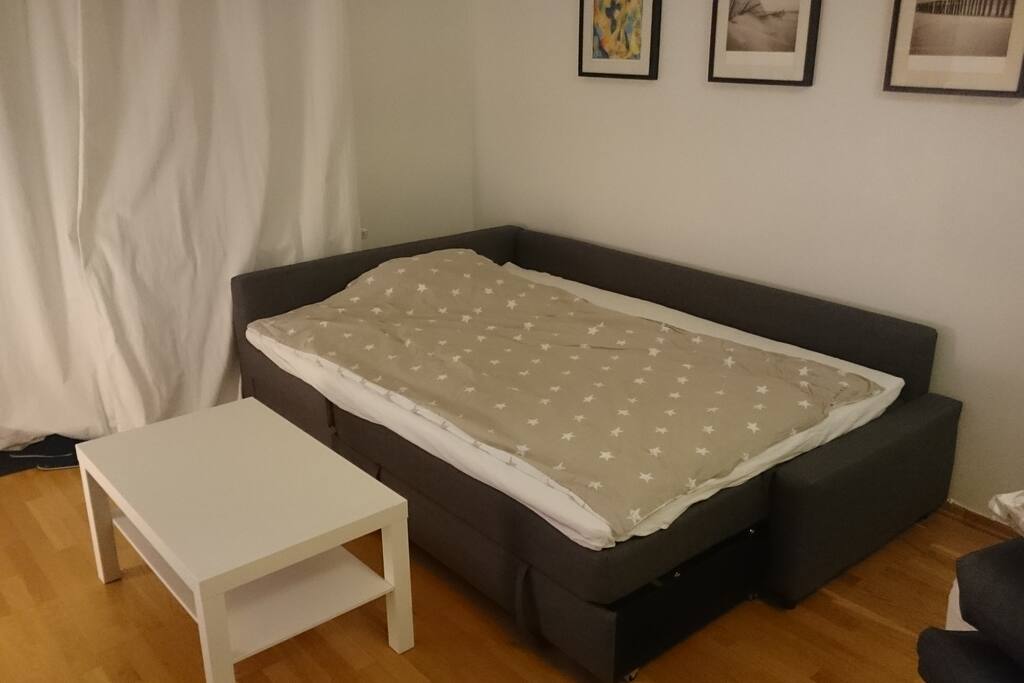 The sleeping sofa prepared for the night.