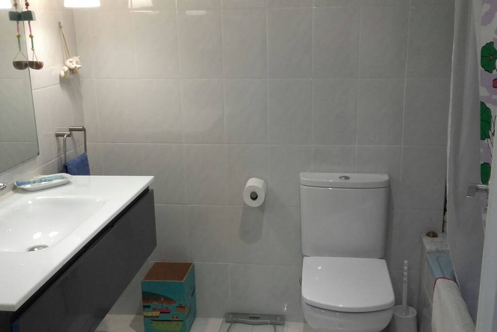 baño, lavabo, bañera y inodoro privado
