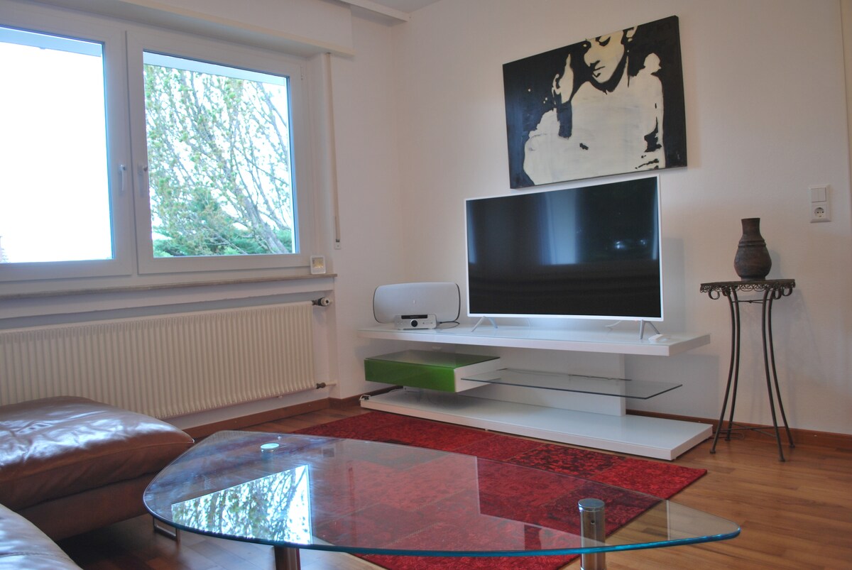 A modern living area features a large flat-screen television on a white media console. A glass coffee table sits on a vibrant red area rug. Natural light enters through two windows, highlighting the contemporary artwork on the wall and a decorative vase on a slender side table.
