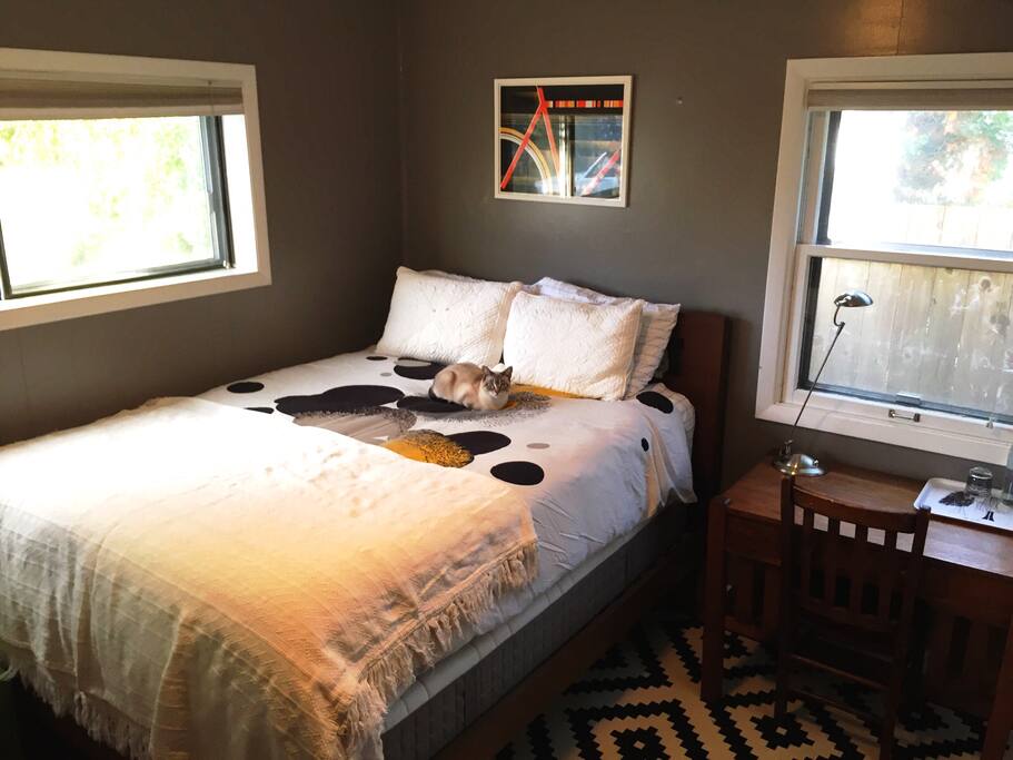 Your bedroom with a Queen bedroom, desk, closet, dresser, lounging chair, south facing window and sometimes, our cat, Kubo