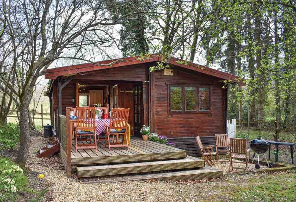 A wooden cabin is surrounded by trees and features a deck with a dining table and chairs, accompanied by a grill. Potted plants and outdoor seating create an inviting space for relaxation in a natural setting.