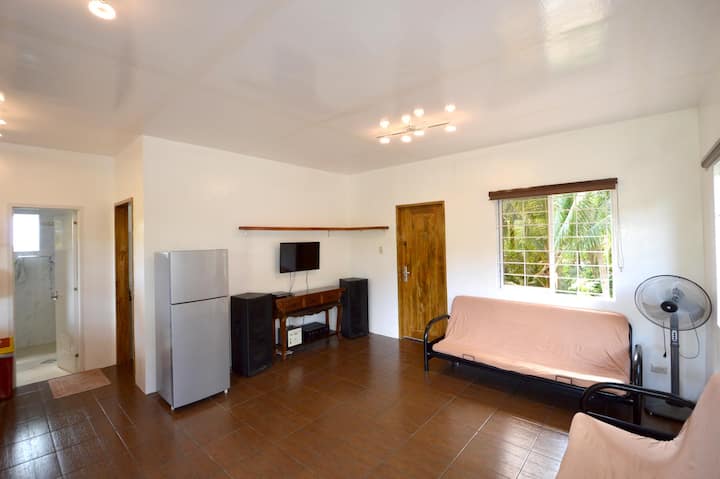 centralni dnevni boravak s TV-om, zvučnim sustavom i hladnjakom