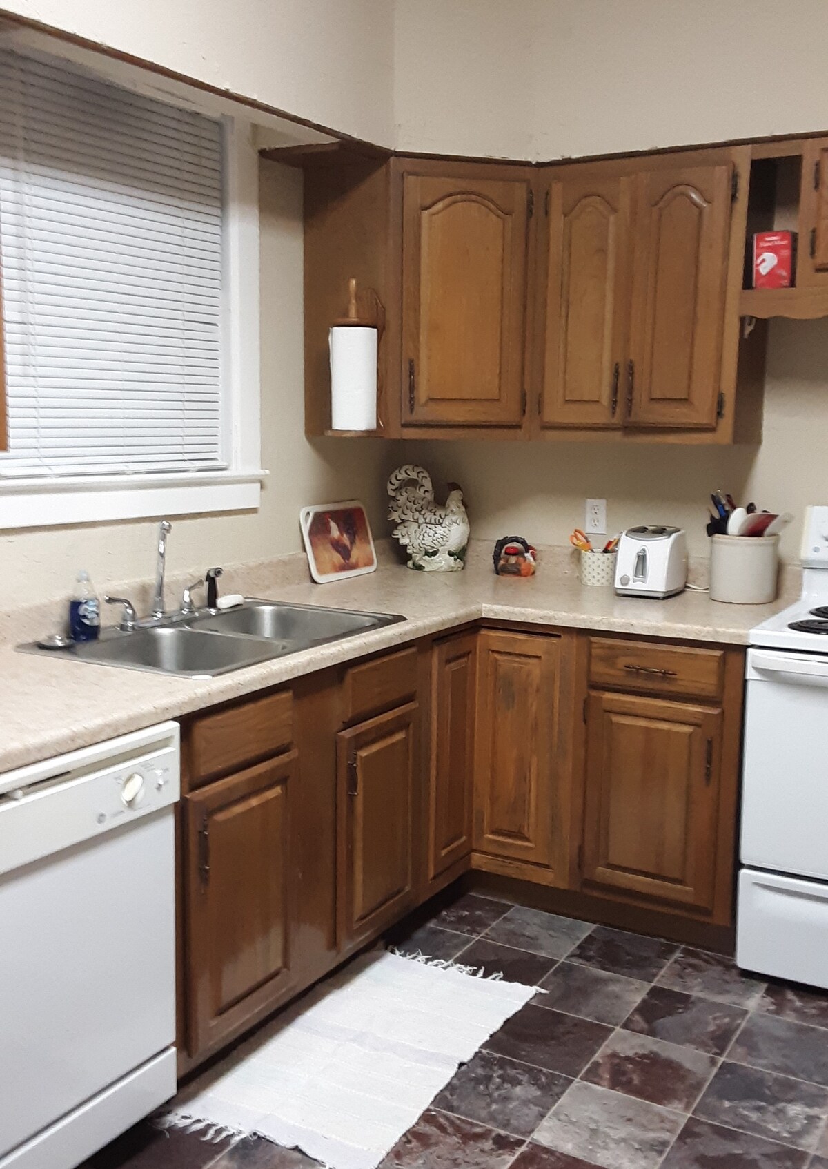 The kitchen features wooden cabinetry with multiple storage options. A double sink is positioned under a window, complemented by a countertop with kitchen appliances, including a toaster and a microwave. A patterned rug enhances the space, while the stove and dishwasher are conveniently placed.