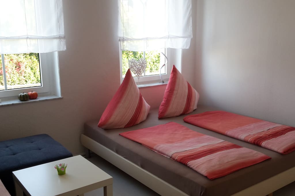 Zimmer mit großem Bett und ausziehbarer Schlafcouch und TV
