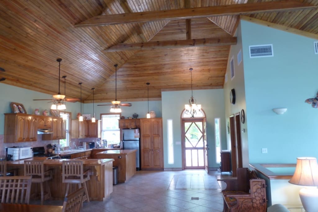 Open plan main floor great room with kitchen, living and dining area...as well as a Bedroom and full bathroom
