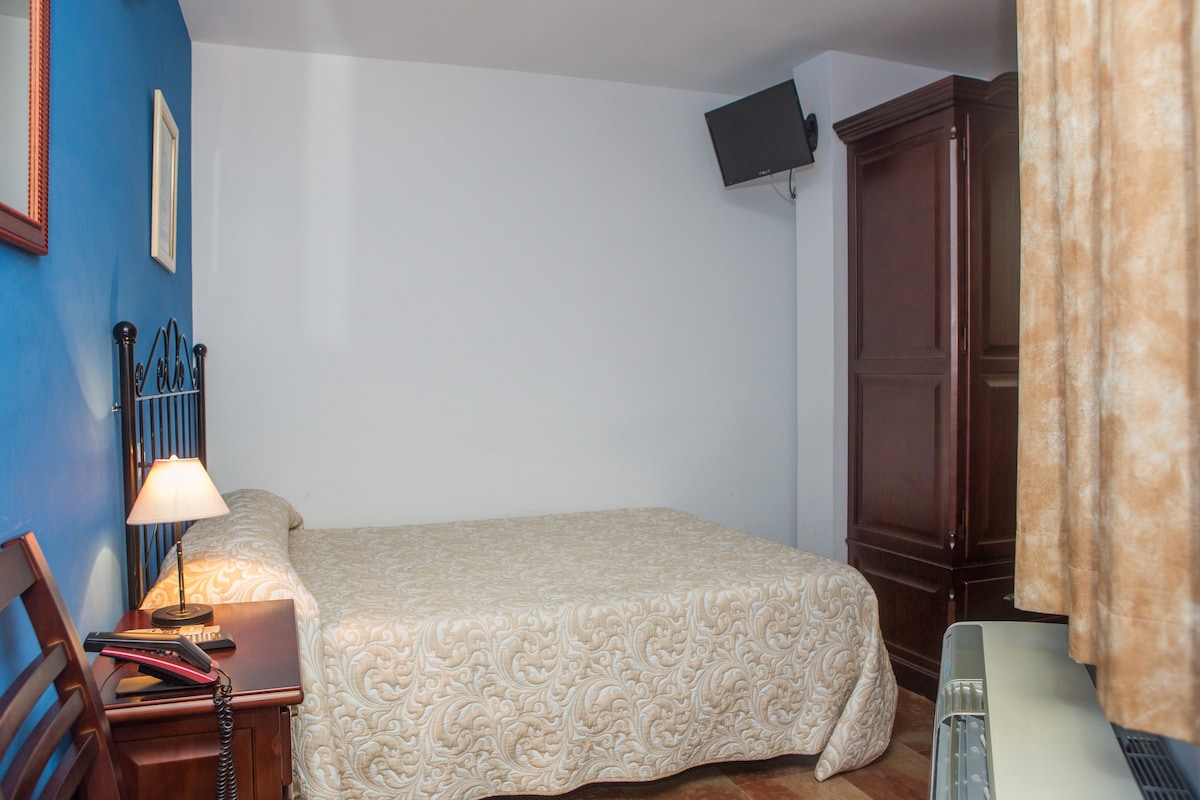 A double room features a spacious bed adorned with a patterned coverlet, accompanied by a decorative headboard. A wooden wardrobe and a wall-mounted television are visible. A small bedside lamp provides illumination, while a window covered by light curtains adds a soft touch to the space.