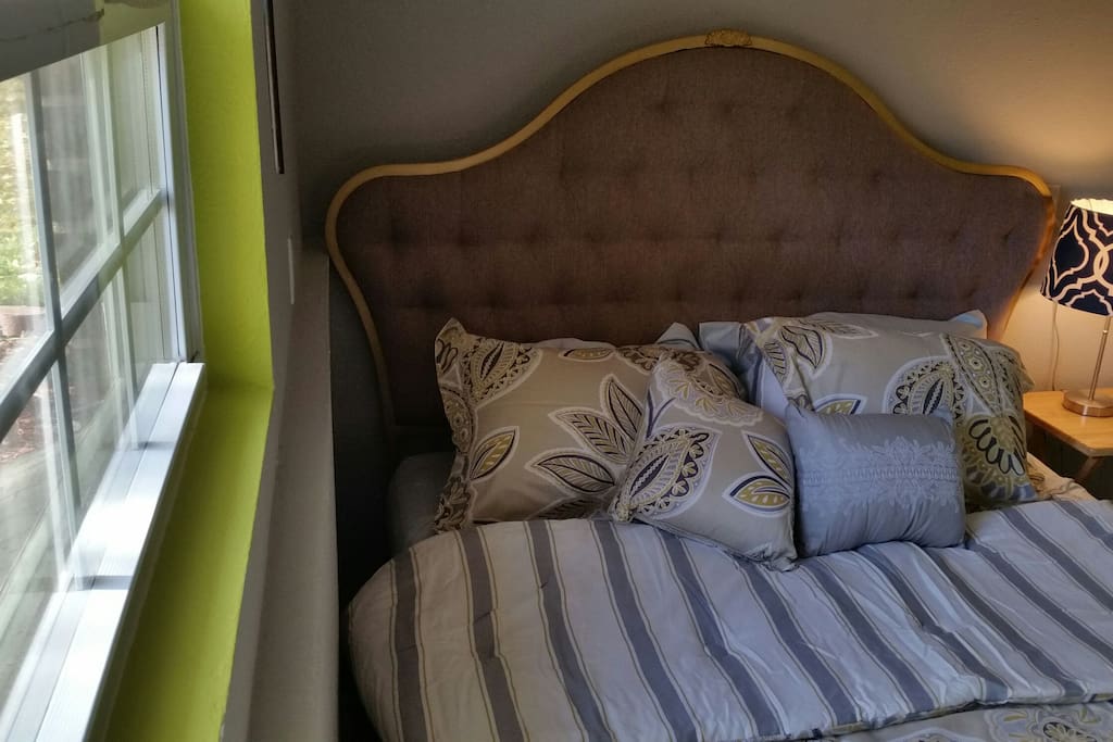Fresh paint job grey and green! Brand new sheets and comforter.