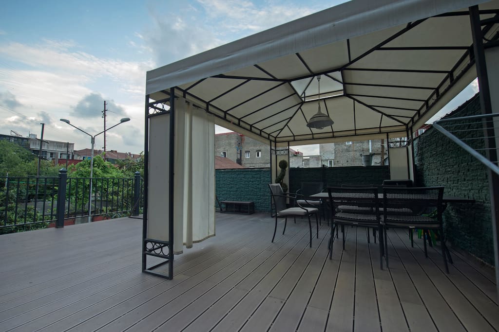 The apartment has a very big balcony about 40 m2 square with modern furniture and a pavilion where you can spend pleasant evenings. For the families who have children we have also a swing on our balcony.
