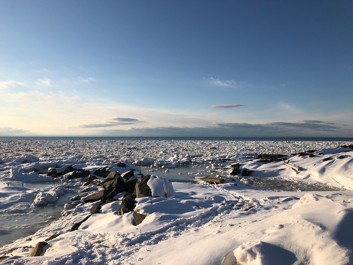 A serene winter landscape is portrayed, featuring a vast expanse of frozen snow and ice. Rocky formations are positioned in the foreground, leading to a calm expanse of water on the horizon, under a clear blue sky.