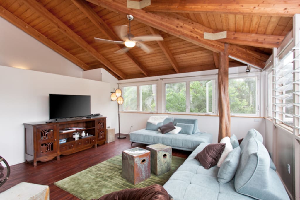 The two sofas easily convert into twin beds. The home has wireless internet service and cable TV along with plenty of movies and games.