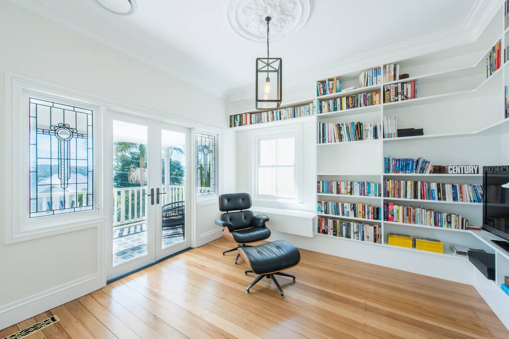 Library with real fireplace