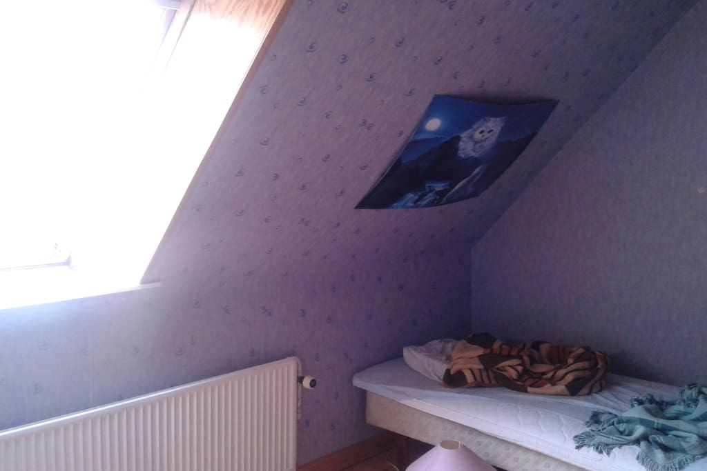 A bedroom on the top floor, complete with cat pictures and everything.