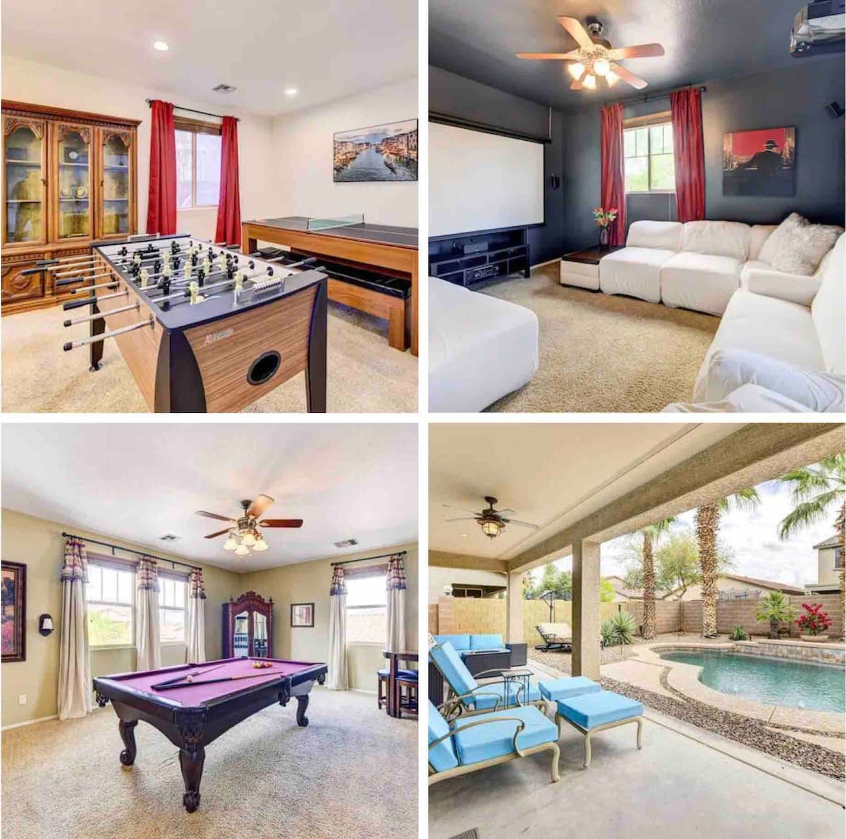 A game room is equipped with a foosball table and a pool table, while a cozy media area features a large sectional sofa and a screen. A covered patio offers relaxation with lounge chairs beside a private pool, framed by palm trees and vibrant plants.