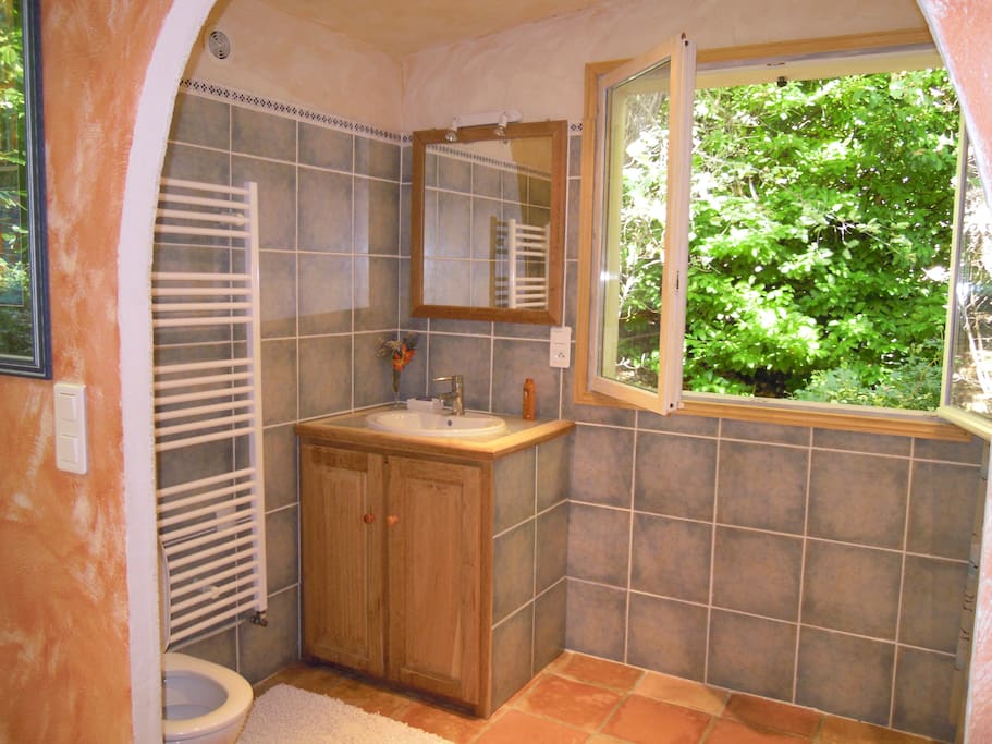Bathroom has shower, bath and toilet.