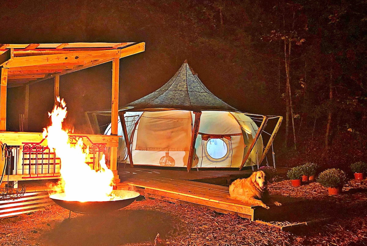 A warm glow emanates from a fire pit, illuminating the outdoor wooden deck leading to a spacious yurt. The yurt, with its distinctive conical roof, is partially visible against the night backdrop. A dog relaxes on the deck, adding to the serene atmosphere.