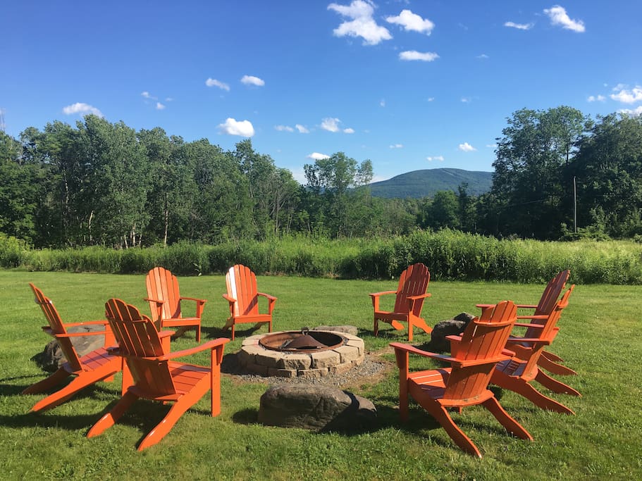 View of Windham Mountain from Fire Pit with 8 Adirondack Chairs
