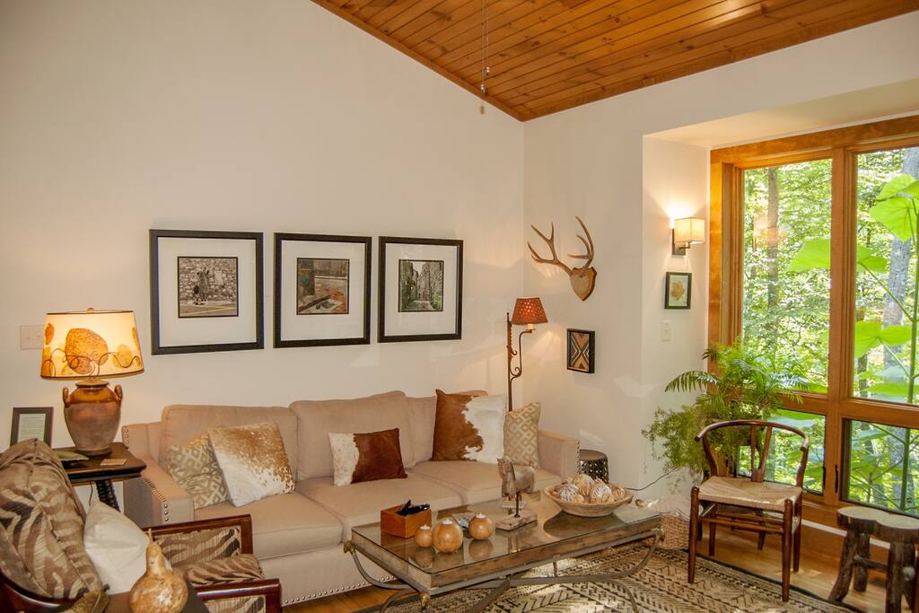 A super comfortable sofa and 4 chairs offers plenty of seating in the vaulted living room.