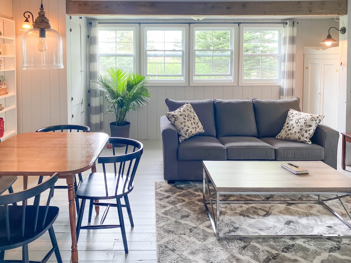 A bright and inviting living area showcases a comfortable sofa adorned with decorative pillows. A wooden dining table with black chairs is positioned nearby. Large windows allow natural light to fill the space, while a potted plant adds a touch of greenery.