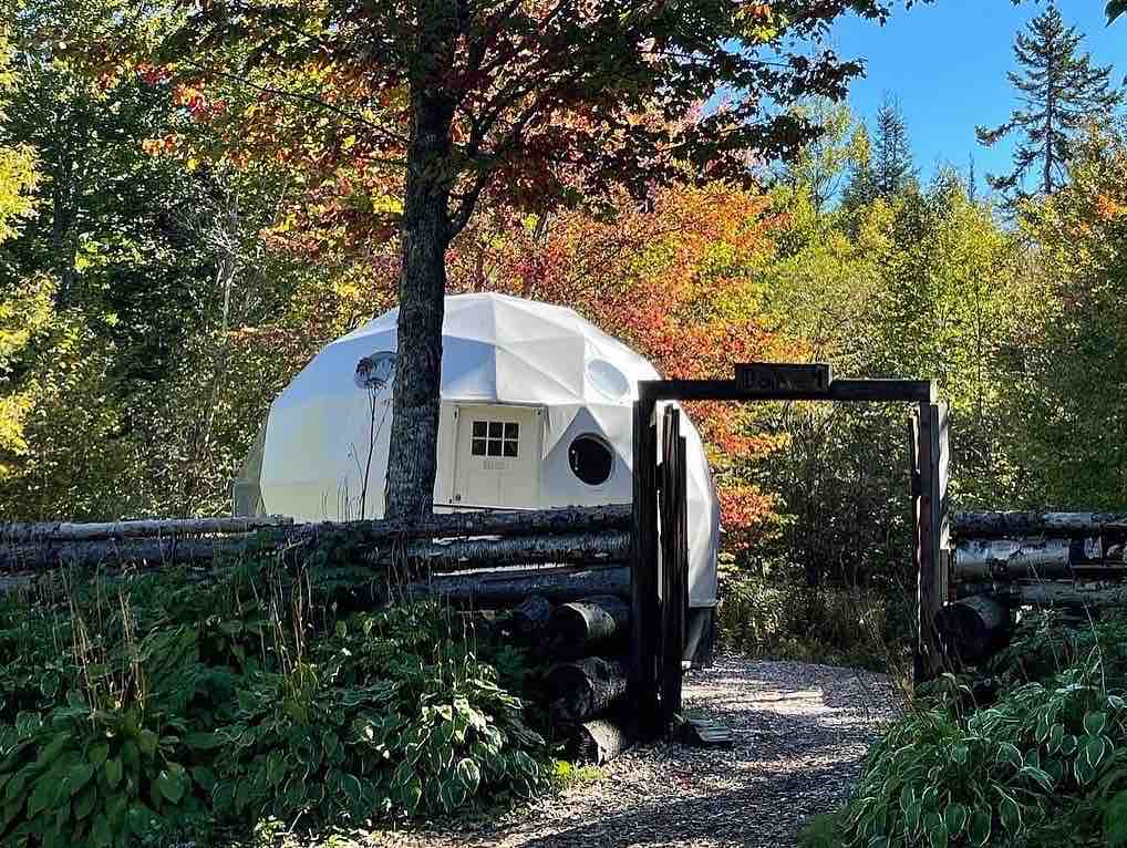 A white dome structure is visible, nestled among vibrant autumn trees. A rustic wooden entrance, framed by logs and foliage, leads to the dome, emphasizing the natural surroundings of the glamping site.