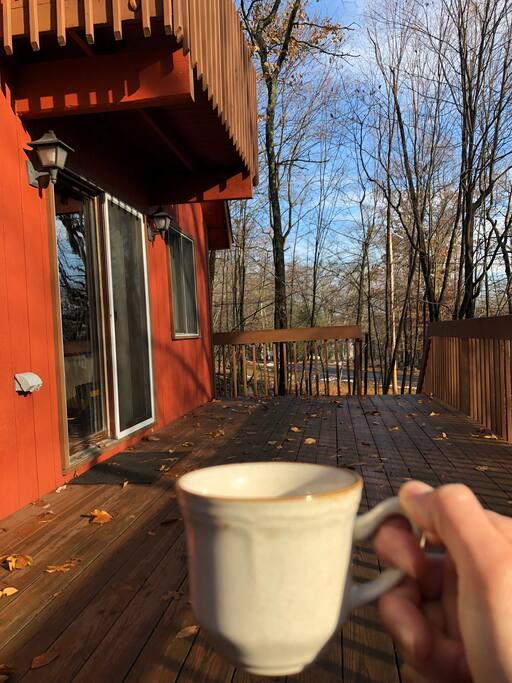 enjoying coffee on the deck