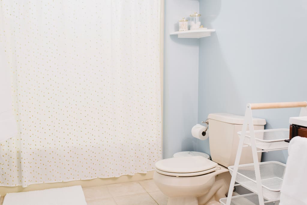 Full private bathroom with everything you might need and more.