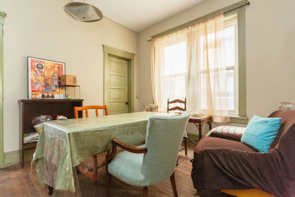 Dining room table can seat up to 8 people comfortably.