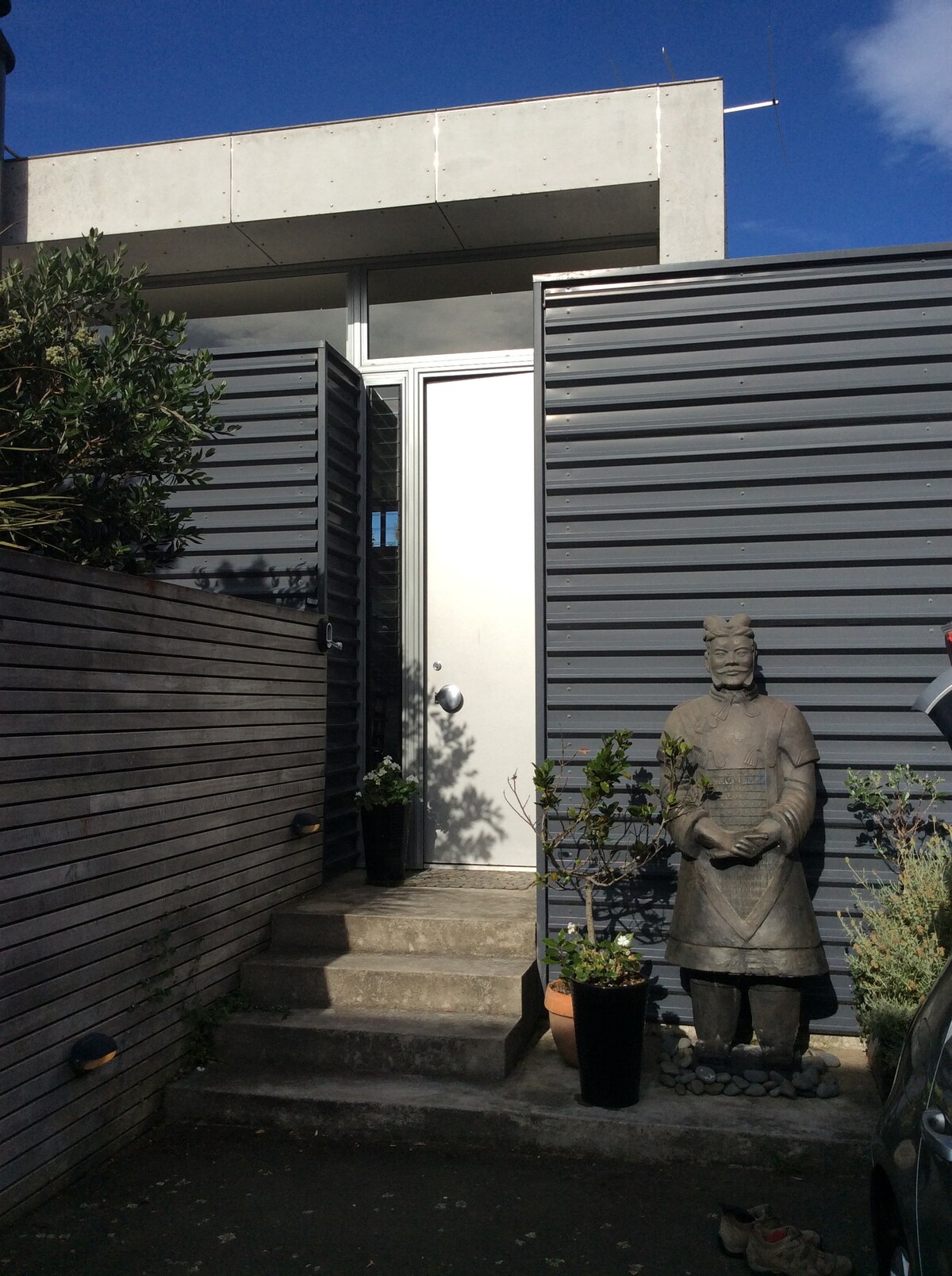 The entrance of the house is depicted with a minimalist design, featuring a grey panelled exterior and a sleek white door. Flanking the entrance, potted plants add greenery, and an artistic figure stands to the side, providing an interesting focal point.