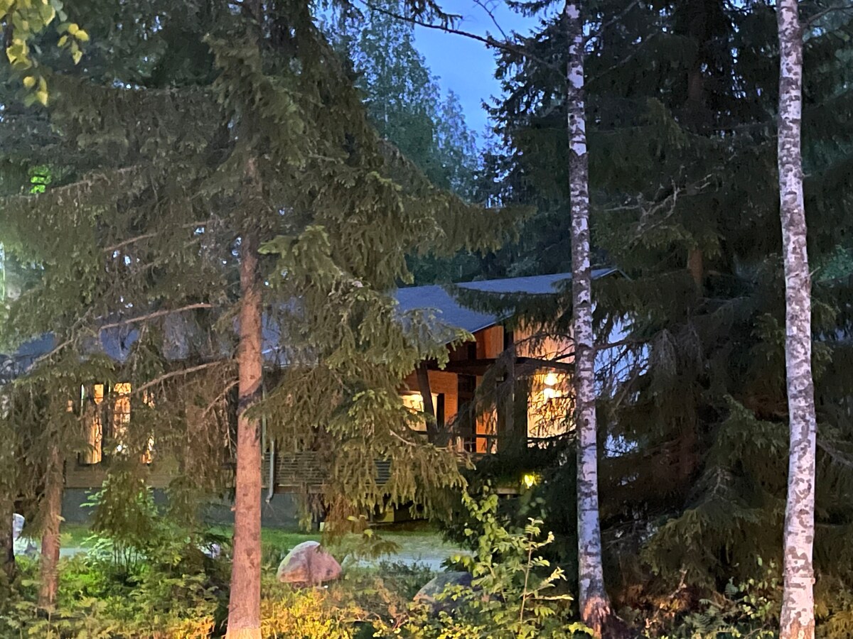 The holiday cottage is surrounded by tall trees, with soft lighting illuminating its facade. The structure features a sloping roof and multiple large windows, providing a cozy yet inviting appearance within the natural setting of Imatra.