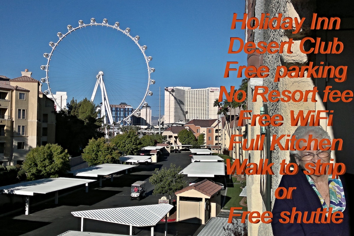 The image showcases an exterior view of the resort, featuring covered parking spaces and landscaped areas. In the background, a large Ferris wheel can be seen, with city buildings visible beyond. Text highlights amenities such as free parking, WiFi, and shuttle service.