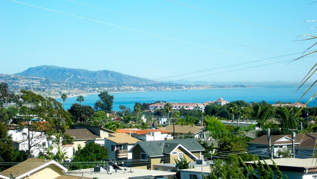 A panoramic view of the ocean is captured, showcasing the expansive coastline and distant hills under a clear blue sky. Rooftops of nearby houses create a layered foreground, enhancing the serene setting with lush palm trees and greenery visible throughout the landscape.