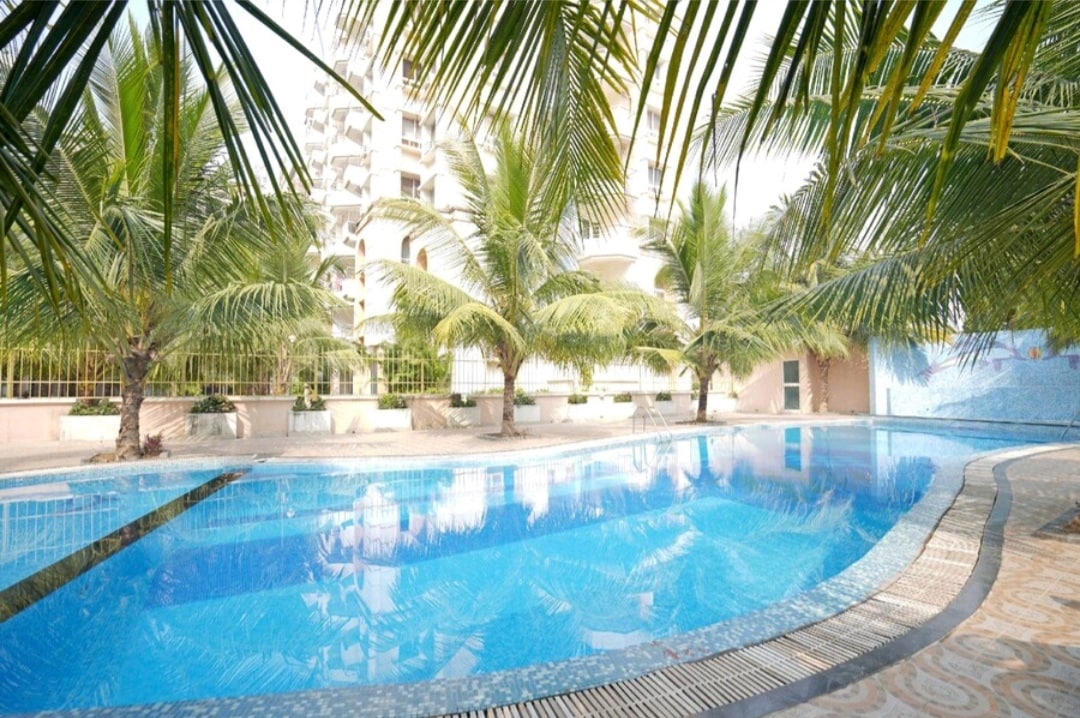 A swimming pool is surrounded by lush palm trees and features a blue water surface. The area is designed with a tiled border, and a textured wall is visible in the background, adding to the leisurely atmosphere.