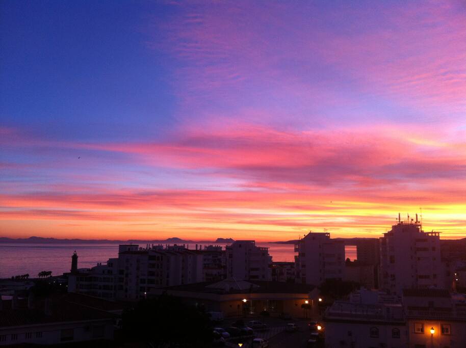 Sunset from the balcony, looking towards Gibraltar and North Africa.