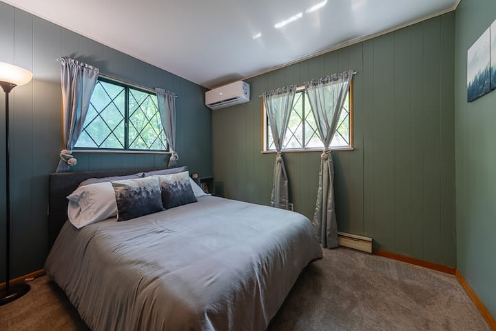 Lower level forest bedroom with full bed